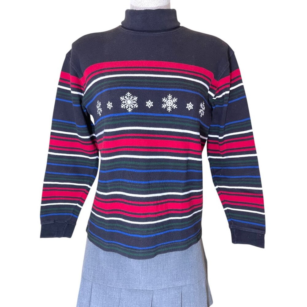 Vintage Talbots Striped Snowflake Turtleneck Sweater Top Women's Size Petite